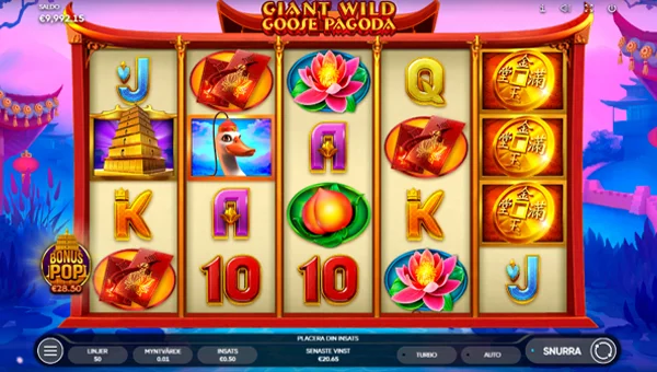 Giant Wild Goose Pagoda base game screenshot showing reels and features