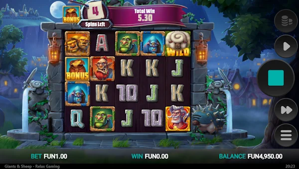 Screenshot of Giants and Sheep slot demo showing reels and bonus game features