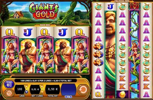 Giants Gold base game screenshot showing reels and features