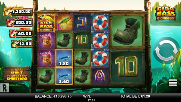 Giga Bass GigaBlox base game screenshot showing reels and features