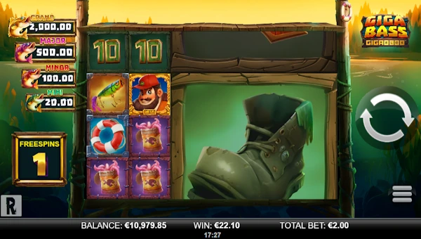Screenshot of Giga Bass GigaBlox slot demo showing reels and bonus game features