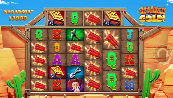 Gimme Gold Megaways base game screenshot showing reels and features