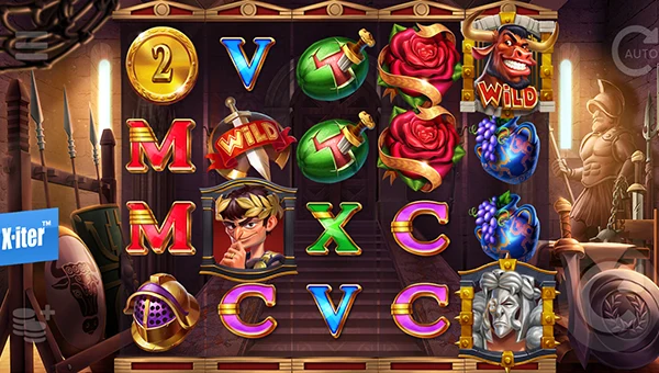 Gladiatoro base game screenshot showing reels and features