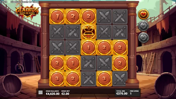 Screenshot of Gladius Death or Glory slot demo showing reels and bonus game features