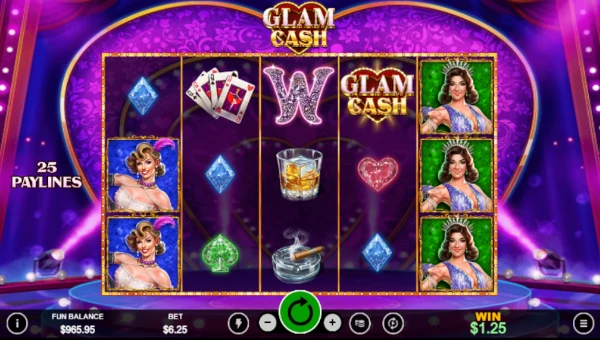 Glam Cash base game screenshot showing reels and features