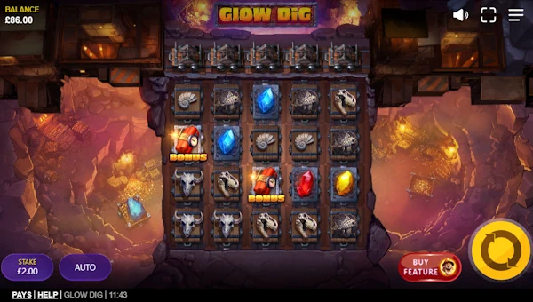 Glow Dig base game screenshot showing reels and features
