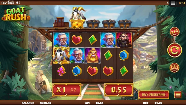 Goat Rush base game screenshot showing reels and features