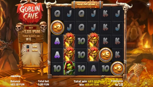 Screenshot of Goblin Cave slot demo showing reels and bonus game features