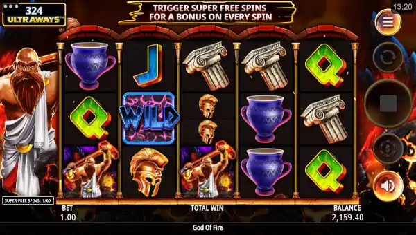 God of Fire base game screenshot showing reels and features