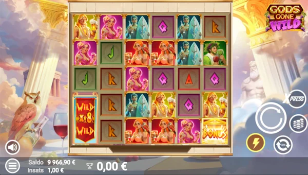 Gods Gone Wild base game screenshot showing reels and features