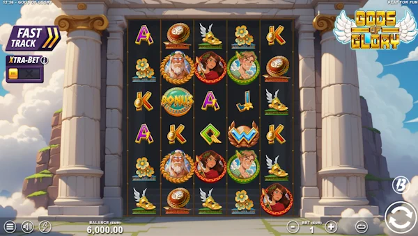 Gods of Glory base game screenshot showing reels and features