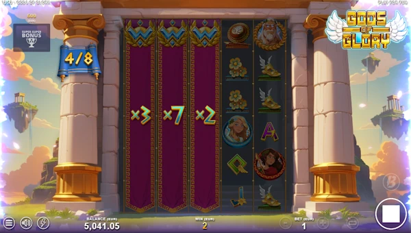 Screenshot of Gods of Glory slot demo showing reels and bonus game features