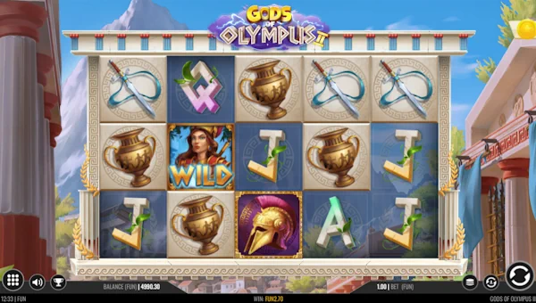 Gods of Olympus 2 base game screenshot showing reels and features