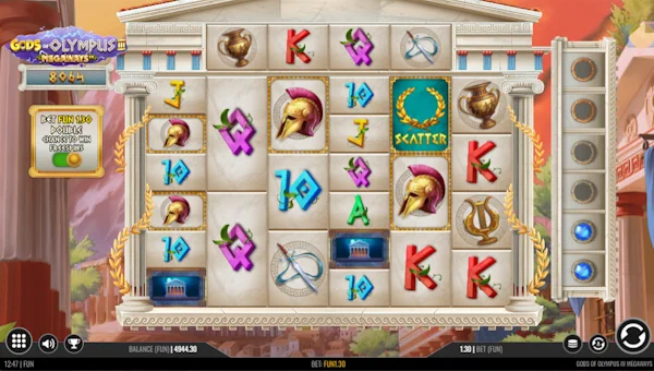 Gods of Olympus 3 Megaways base game screenshot showing reels and features