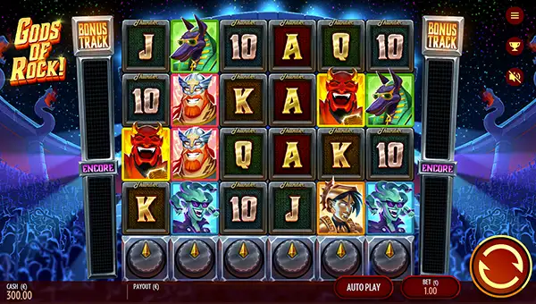 Gods of Rock base game screenshot showing reels and features