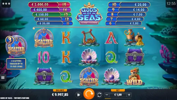 Gods of Seas Tritons Fortune base game screenshot showing reels and features