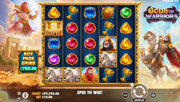 Gods vs Warriors base game screenshot showing reels and features