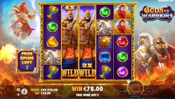 Screenshot of Gods vs Warriors slot demo showing reels and bonus game features