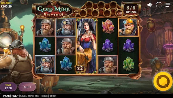 Gold Mine Mistress base game screenshot showing reels and features