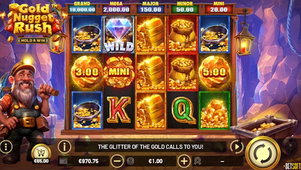 Gold Nugget Rush base game screenshot showing reels and features