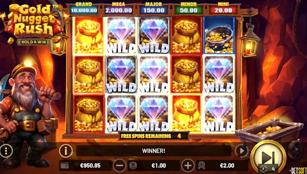 Screenshot of Gold Nugget Rush slot demo showing reels and bonus game features
