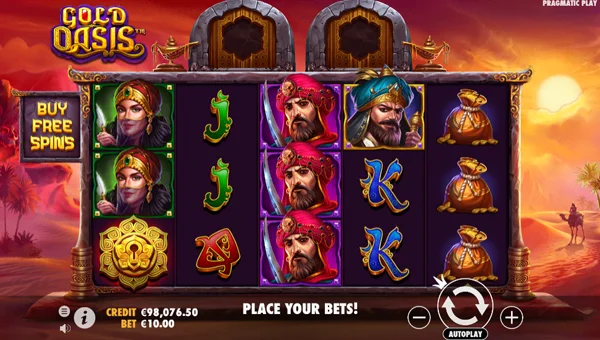Gold Oasis base game screenshot showing reels and features