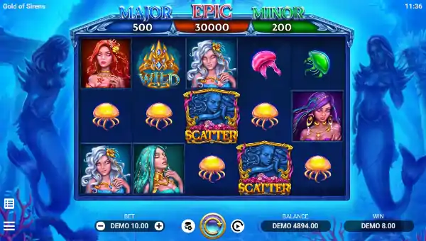 Gold of Sirens base game screenshot showing reels and features