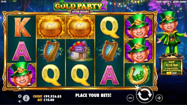 Gold Party 2 After Hours base game screenshot showing reels and features