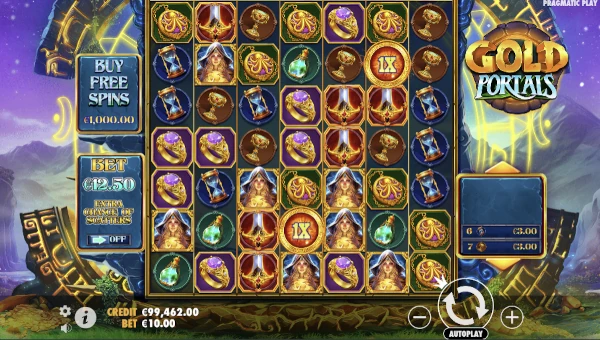 Gold Portals base game screenshot showing reels and features