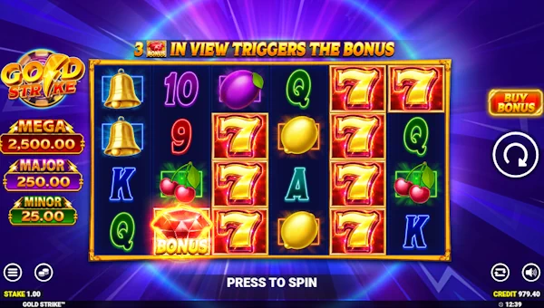 Gold Strike base game screenshot showing reels and features