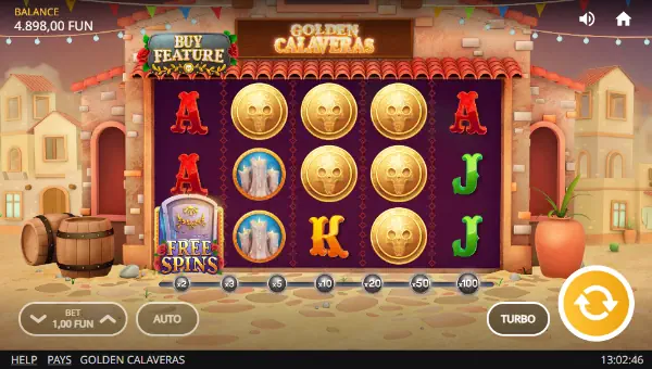 Golden Calaveras base game screenshot showing reels and features