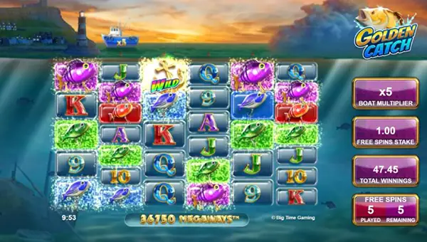 Golden Catch Megaways base game screenshot showing reels and features