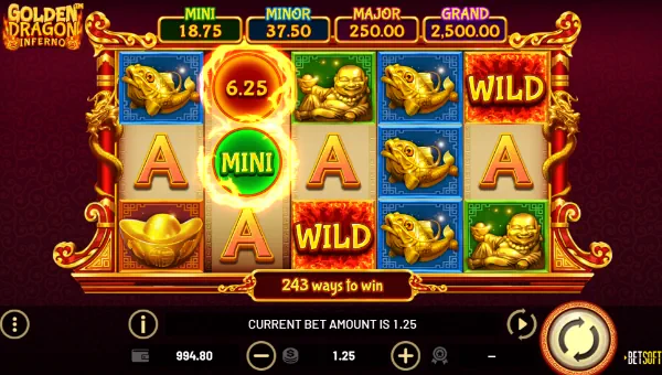 Golden Dragon Inferno base game screenshot showing reels and features