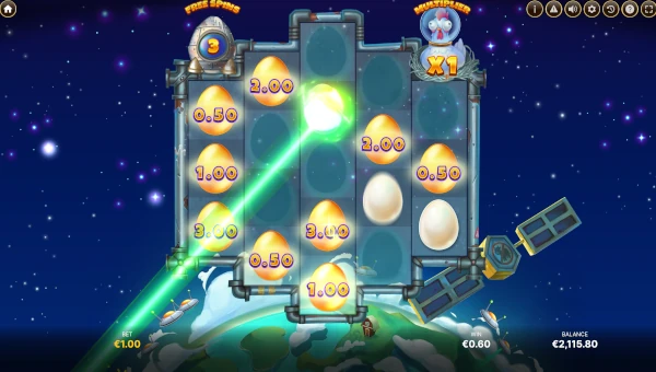 Screenshot of Golden Egg Invaders slot demo showing reels and bonus game features
