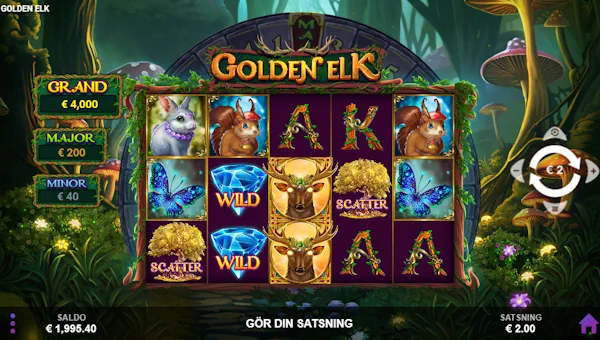 Golden Elk base game screenshot showing reels and features