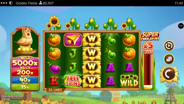 Golden Fields base game screenshot showing reels and features