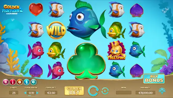 Golden Fish Tank 2 Gigablox base game screenshot showing reels and features