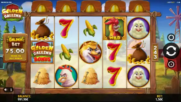 Golden Gallina base game screenshot showing reels and features