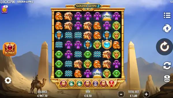 Golden Glyph 2 base game screenshot showing reels and features