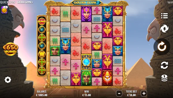 Golden Glyph 3 base game screenshot showing reels and features