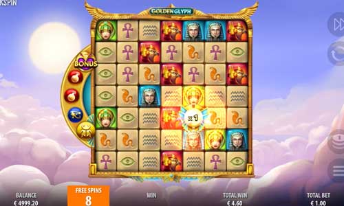 Golden Glyph base game screenshot showing reels and features