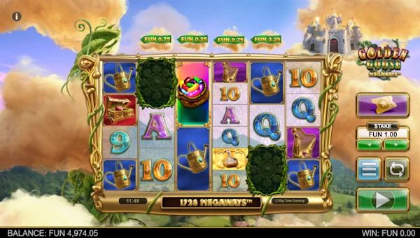 Golden Goose Megaways base game screenshot showing reels and features