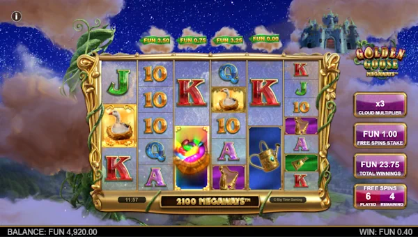 Screenshot of Golden Goose Megaways slot demo showing reels and bonus game features