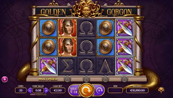 Golden Gorgon base game screenshot showing reels and features
