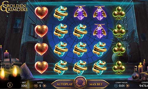 Golden Grimoire base game screenshot showing reels and features