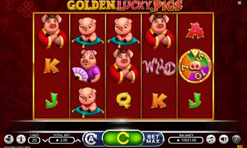Golden Lucky Pigs base game screenshot showing reels and features