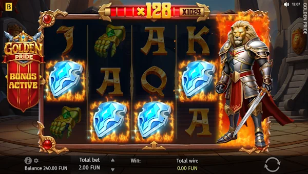 Screenshot of Golden Pride slot demo showing reels and bonus game features