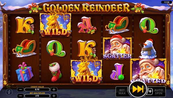 Golden Reindeer base game screenshot showing reels and features