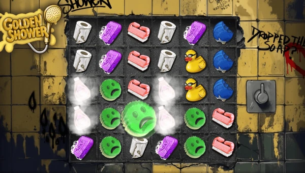 Golden Shower base game screenshot showing reels and features