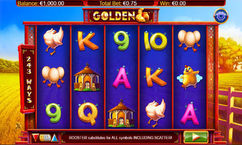Golden base game screenshot showing reels and features